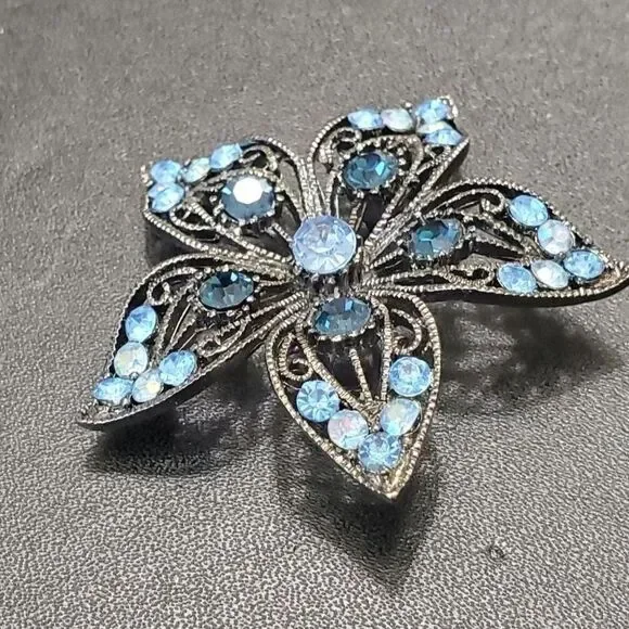 Annaleece by Devries dark silver tone blue flower brooch - Picture 3 of 6